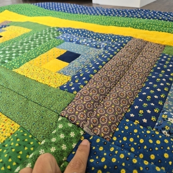 Handmade Patchwork Quilt Tumbling Blocks Blue Green Yellow Full Twin Lap Blanket - Picture 6 of 8